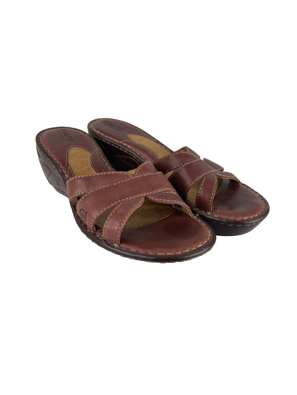 Born Women 9 Leather Slide Sandal Wedge Brown Leather Leaf Pattern W6029